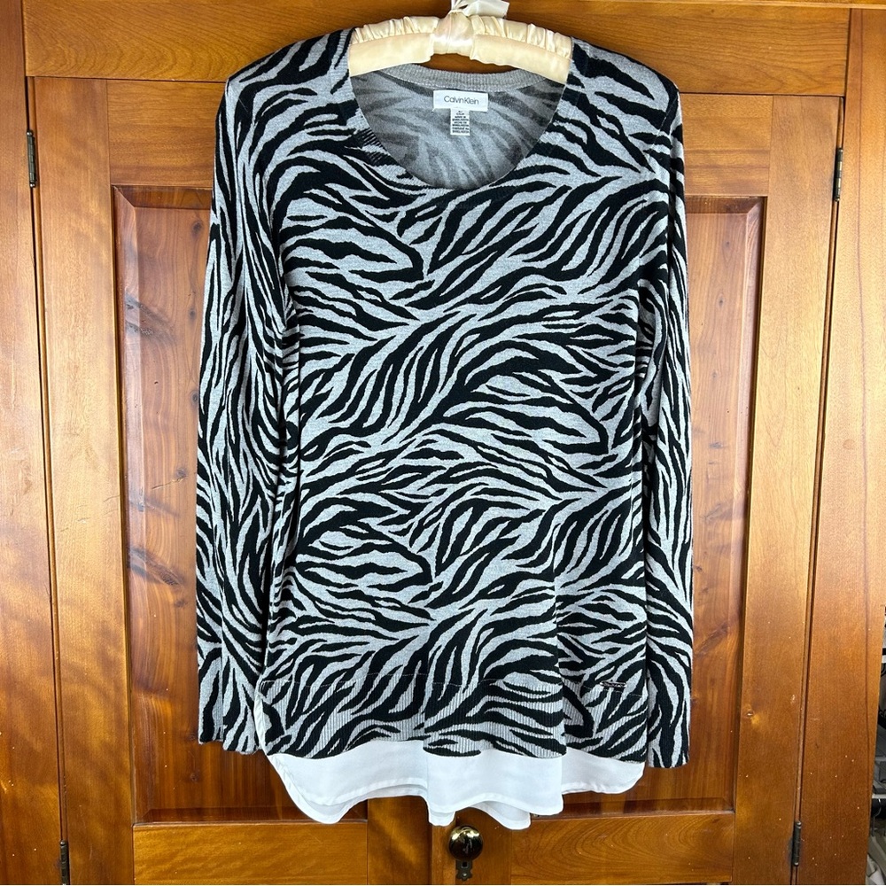 Calvin Klein Zebra Print Scoop Neck Layered Look Long Sleeve Knit Sweater Glam